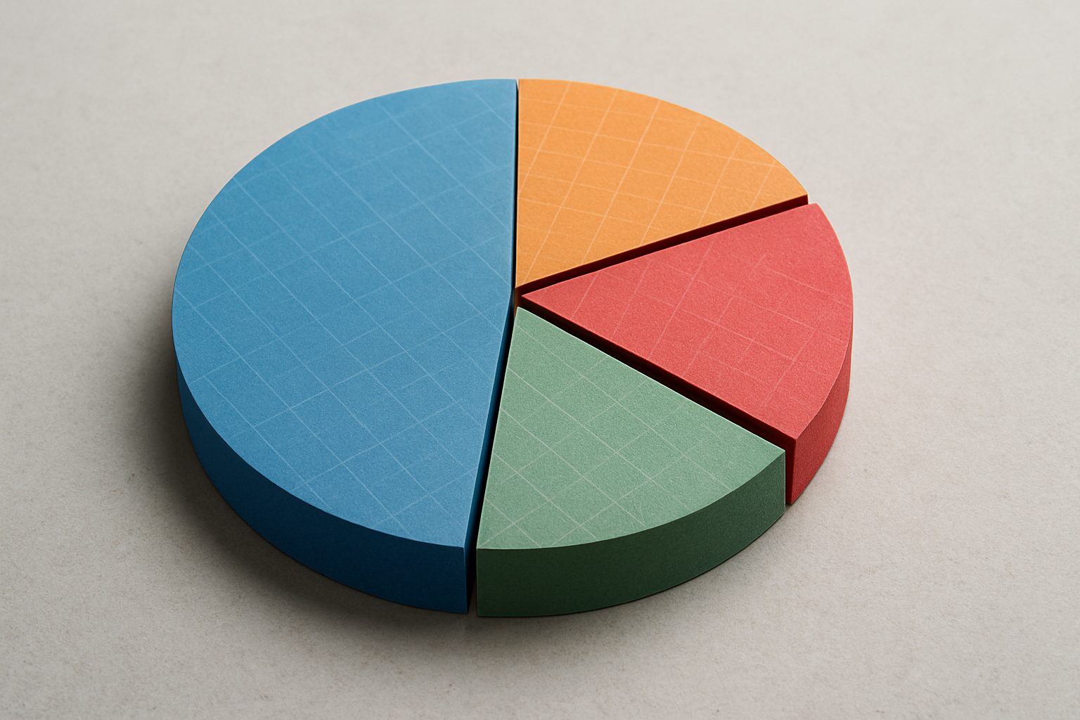 A 3D pie chart made of colorful card stock segments arranged on a neutral background.